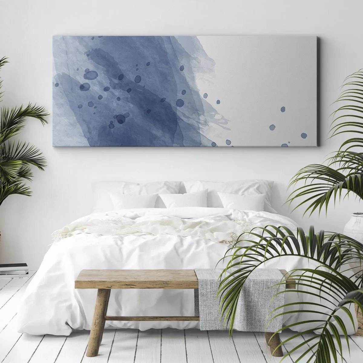 Impression sur toile - Image sur toile - Taches et stries abstraites dans des tons de bleu - 140x50cm - Tulle bleu - Décoration murale moderne pour le salon et la chambre ARTTOR