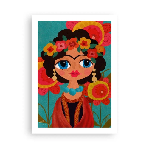 Affiche - Poster - Portrait coloré d'une femme en style folklorique et une couronne de fleurs - 50x70cm - Mademoiselle coquelicot - Décoration murale moderne pour le salon et la chambre ARTTOR