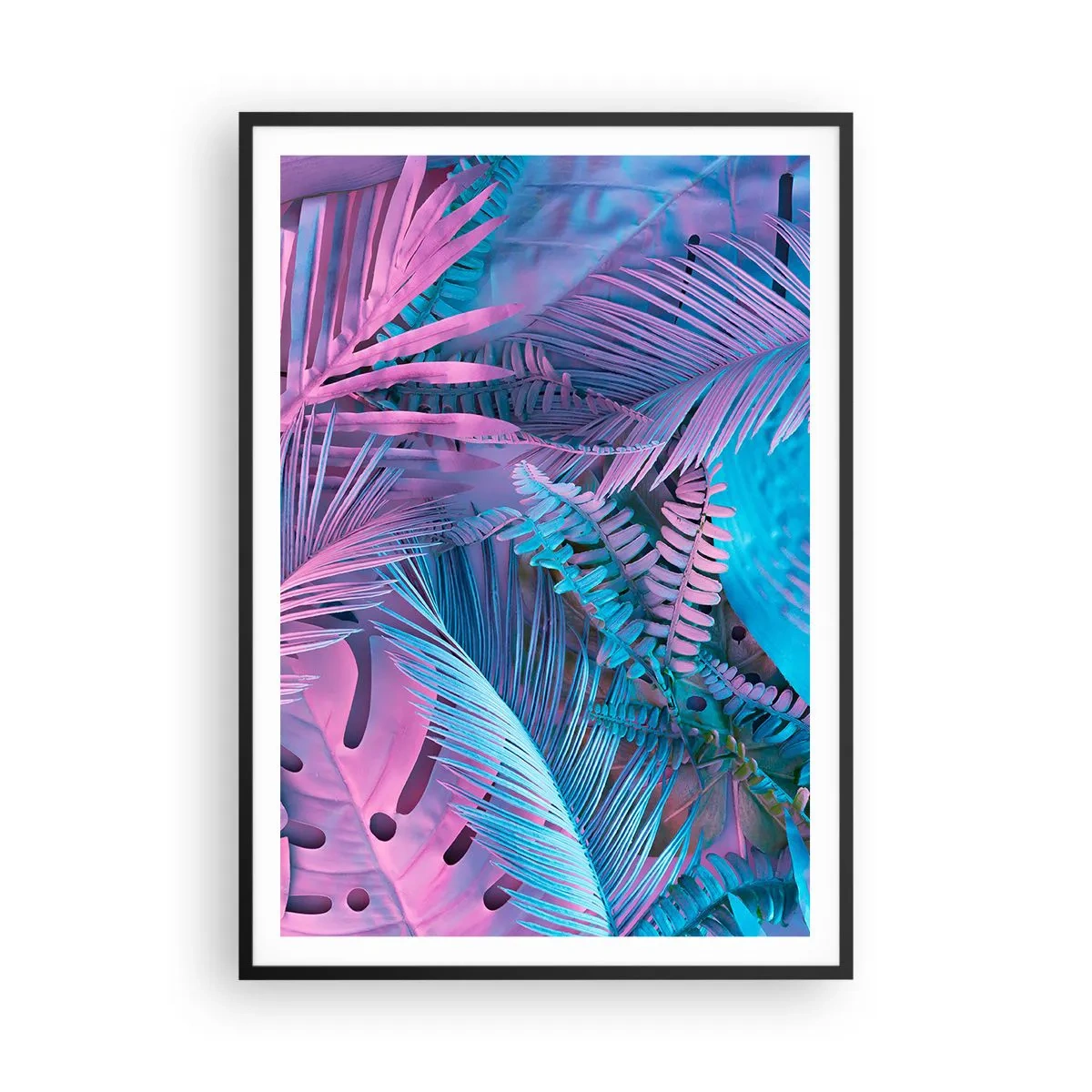 Affiche dans un cadre noir - Poster - Les tropiques en rose et bleu - 70x100 cm