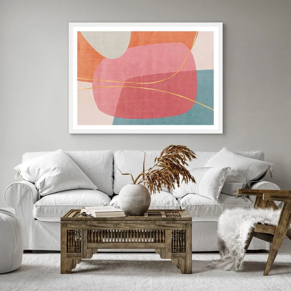 Affiche dans un cadre blanc - Poster - Composition pastel au fil d'or - 91x61 cm