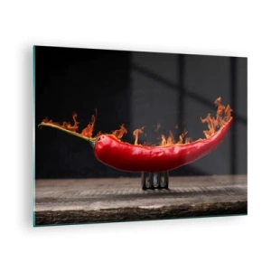 Impression sur verre - Image sur verre - Piment rouge brûlant sur fond noir - 70x50cm - Un apéritif enflammé - Décoration murale moderne pour le salon et la chambre ARTTOR