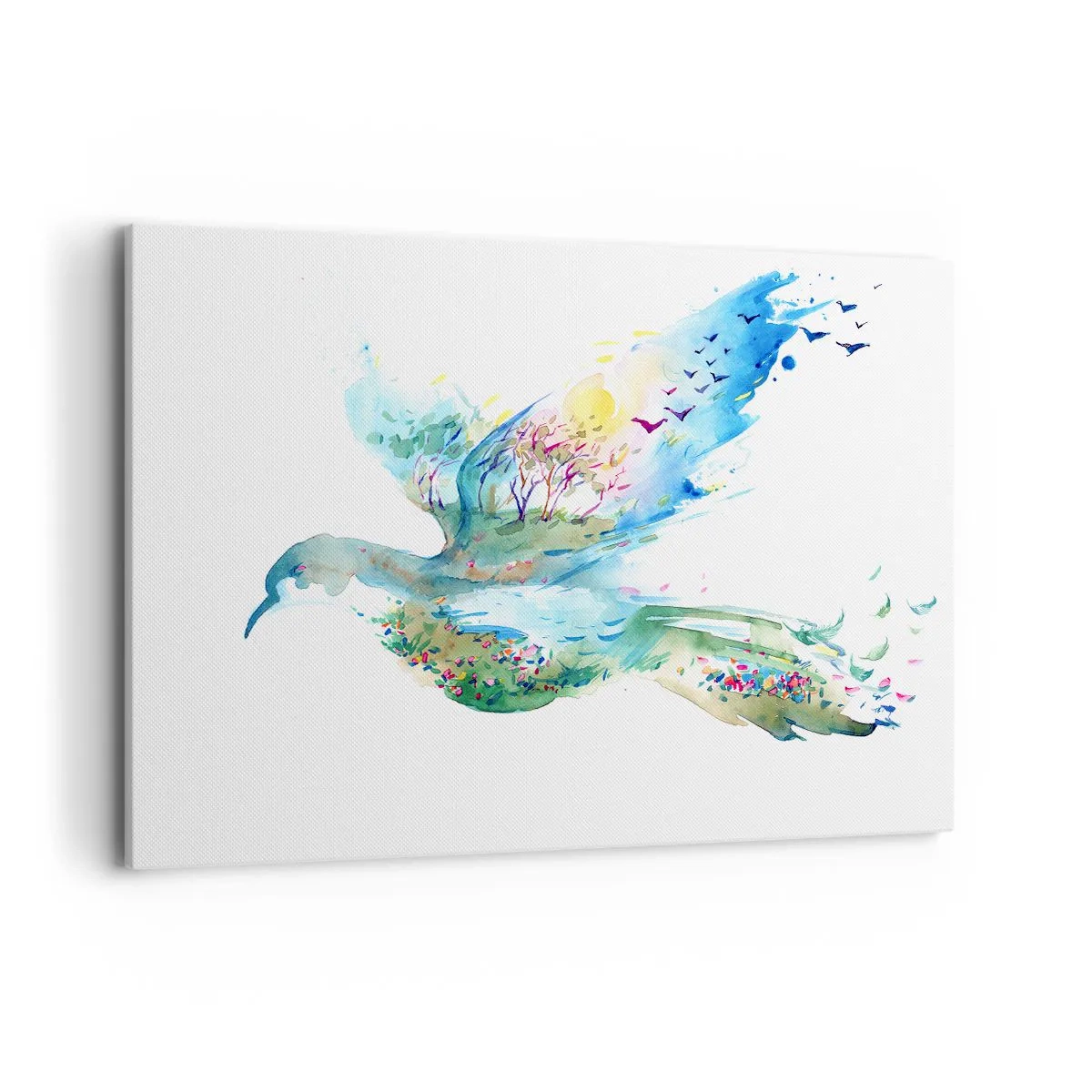 Impression sur toile - Image sur toile - Composition à l'aquarelle d'un oiseau avec des éléments de la nature - 120x80cm - Sur les ailes de la nature - Décoration murale moderne pour le salon et la chambre ARTTOR
