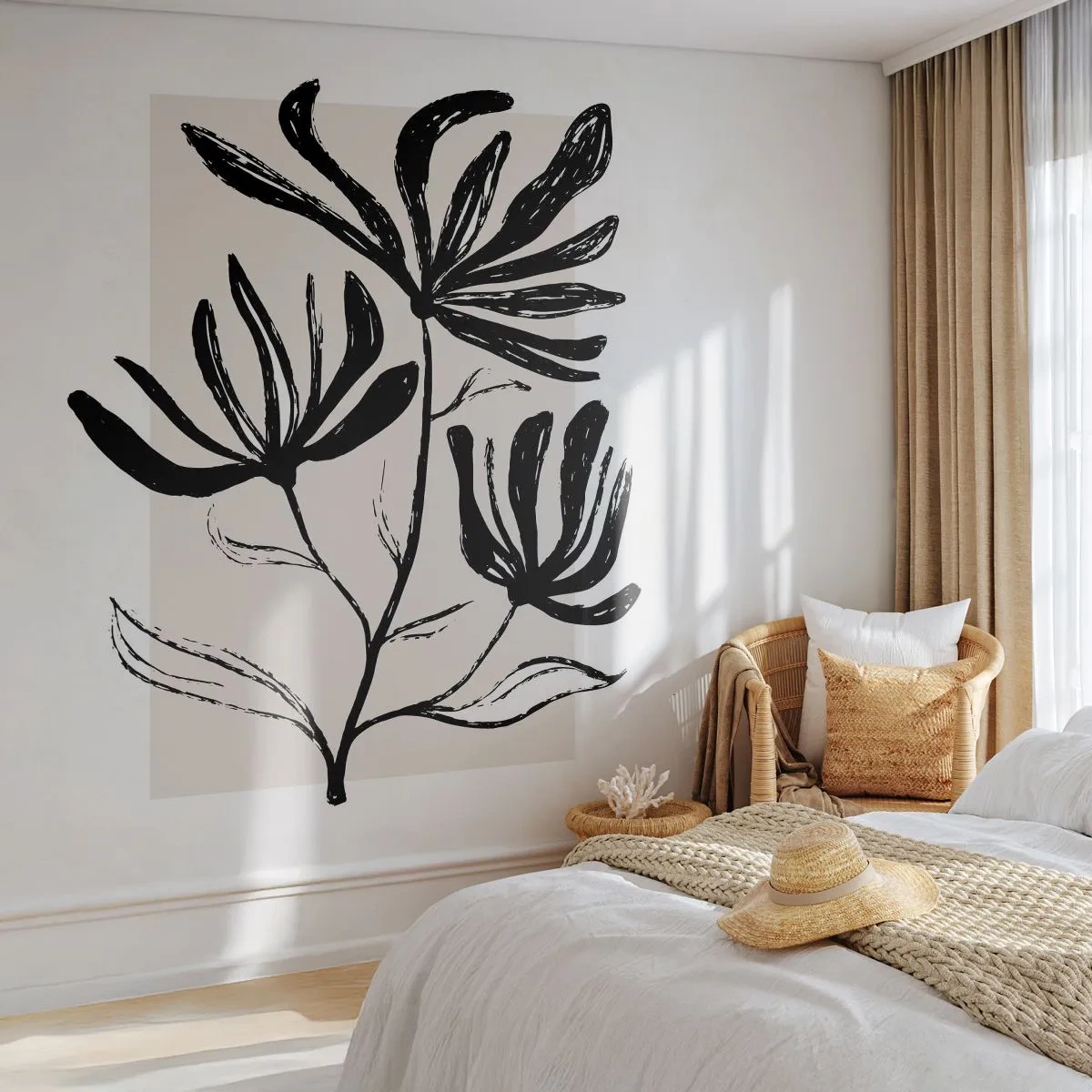 Papier Peint Photo Premium Sand - Croquis noir et blanc de fleurs sur fond clair - 100x70cm - Esquisse pour l'herbier - Décoration murale moderne pour le salon et la chambre ARTTOR