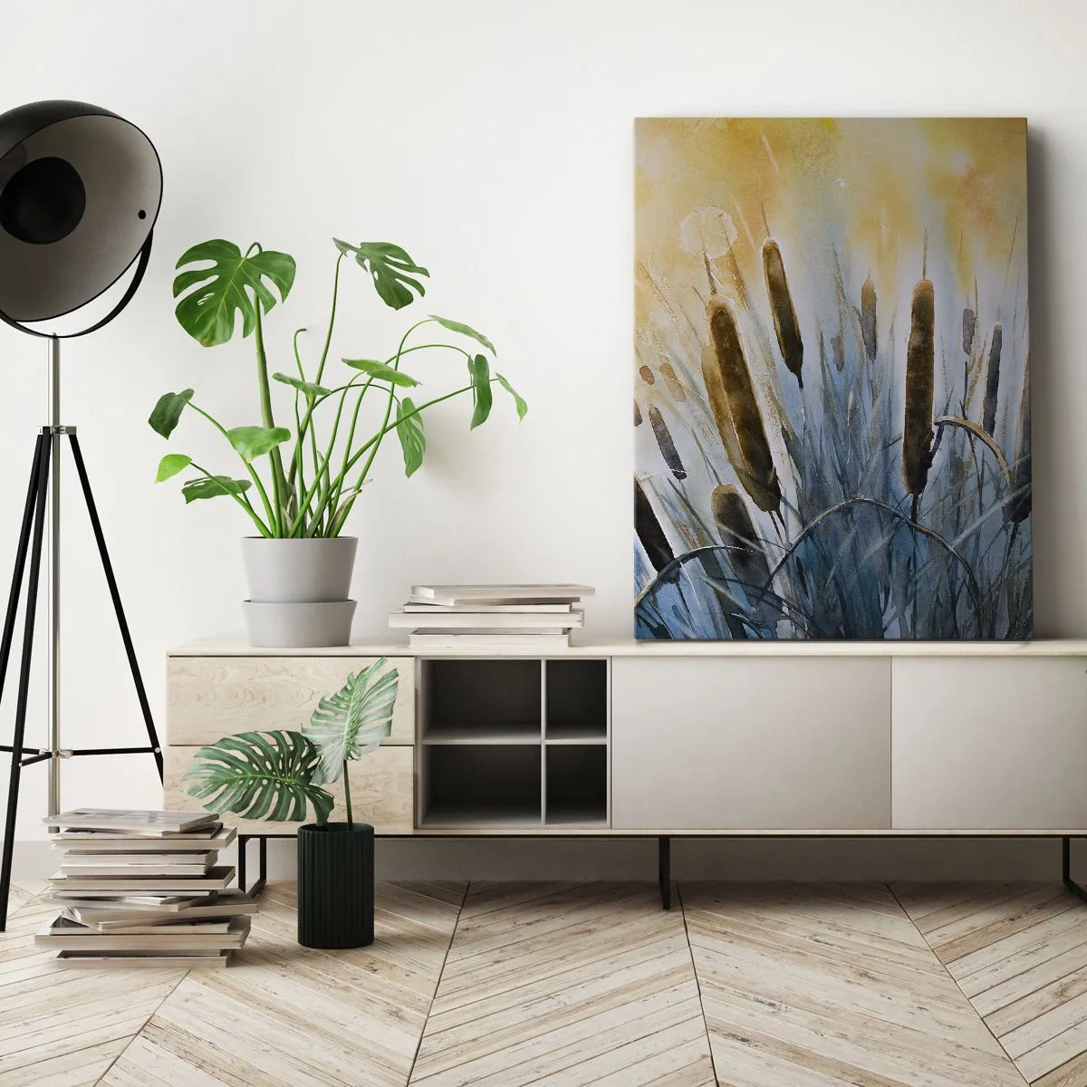 Impression sur toile - Image sur toile - Roseaux pittoresques sous les rayons du soleil - 80x120cm - Fraicheur de l'eau, chaleur du soleil - Décoration murale moderne pour le salon et la chambre ARTTOR