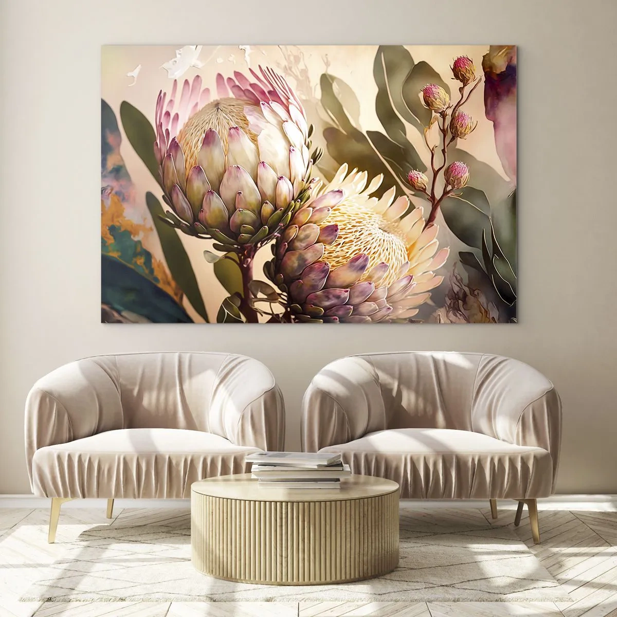 Impression sur verre - Image sur verre - Fleurs de Protea aux tons chauds et à la lumière douce - 100x70cm - Tendrement embrassé - Décoration murale moderne pour le salon et la chambre ARTTOR