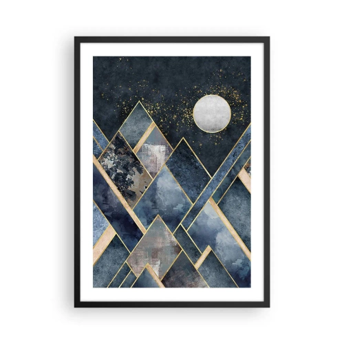 Affiche dans un cadre noir - Poster - Montagnes géométriques dans les tons bleu marine et or - 50x70cm - Paysage géométrique - Décoration murale moderne pour le salon et la chambre ARTTOR