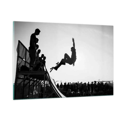 Impression sur verre - Image sur verre - Patineur noir et blanc dans les airs - 120x80cm - Héros et spectateurs - Décoration murale moderne pour le salon et la chambre ARTTOR