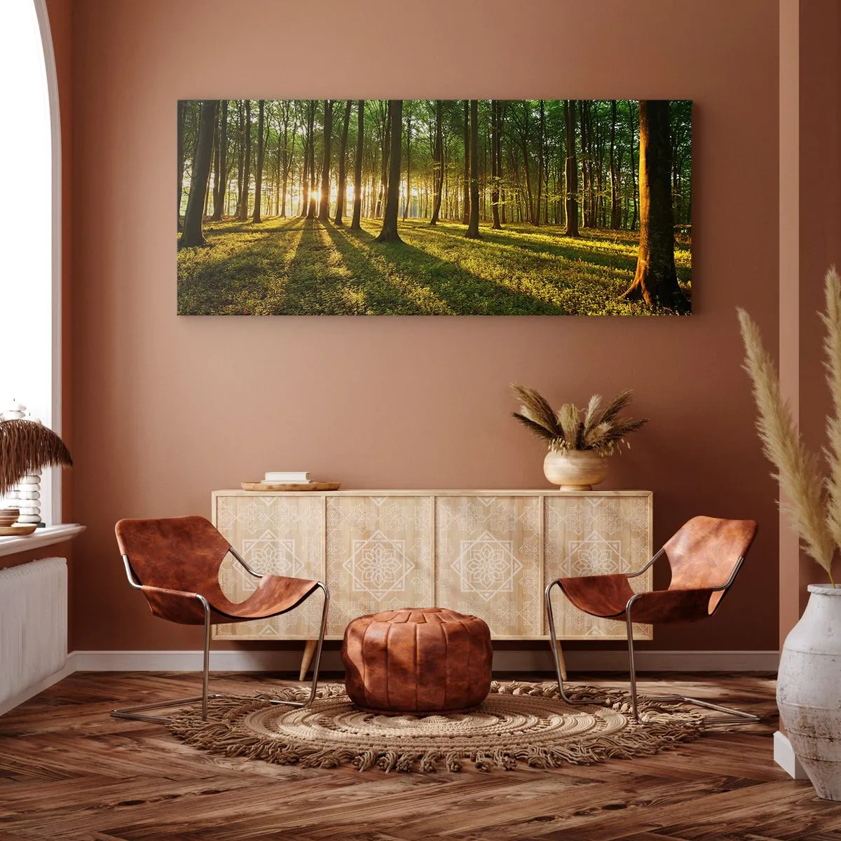 Impression sur toile - Image sur toile - Le soleil couchant dans la forêt de feuillus - 120x50cm - Toutes les photographies de printemps - Décoration murale moderne pour le salon et la chambre ARTTOR
