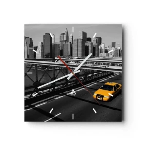 Horloge murale - Pendule murale - Taxi jaune sur un pont avec vue sur les toits de New York - 30x30cm - Couleur de la grande ville - Décoration murale moderne pour le salon et la chambre ARTTOR