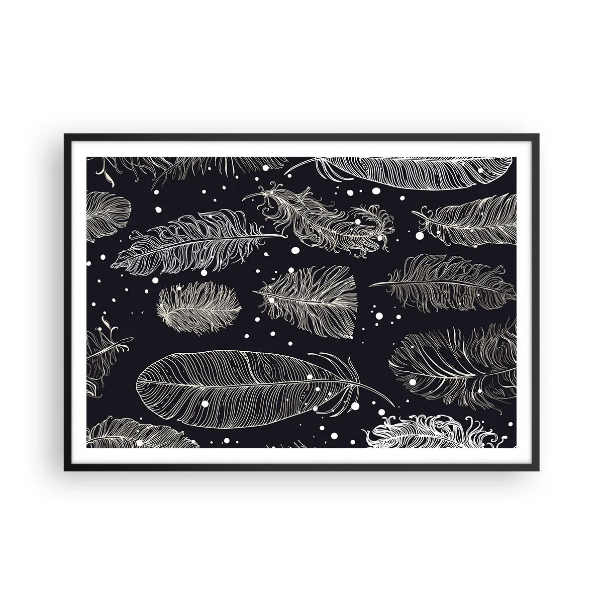 Affiche dans un cadre noir - Poster - Plumes blanches délicates sur fond bleu marine - 100x70cm - Toile de plumes - Décoration murale moderne pour le salon et la chambre ARTTOR