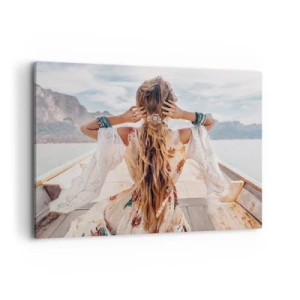 Impression sur toile - Image sur toile - Femme sur un bateau surplombant les montagnes et l'eau, style bohème - 100x70cm - En route vers le bonheur - Décoration murale moderne pour le salon et la chambre ARTTOR