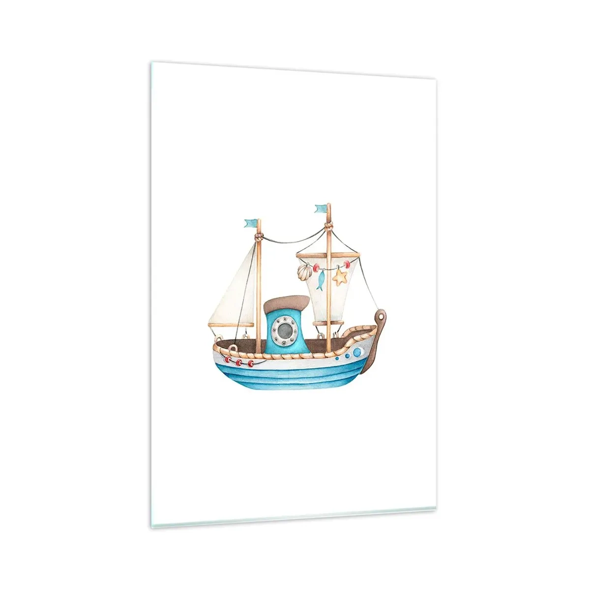 Impression sur verre - Image sur verre - Illustration d'un navire aux couleurs pastel sur fond blanc - 80x120cm - Ohé, l'aventure ! - Décoration murale moderne pour le salon et la chambre ARTTOR