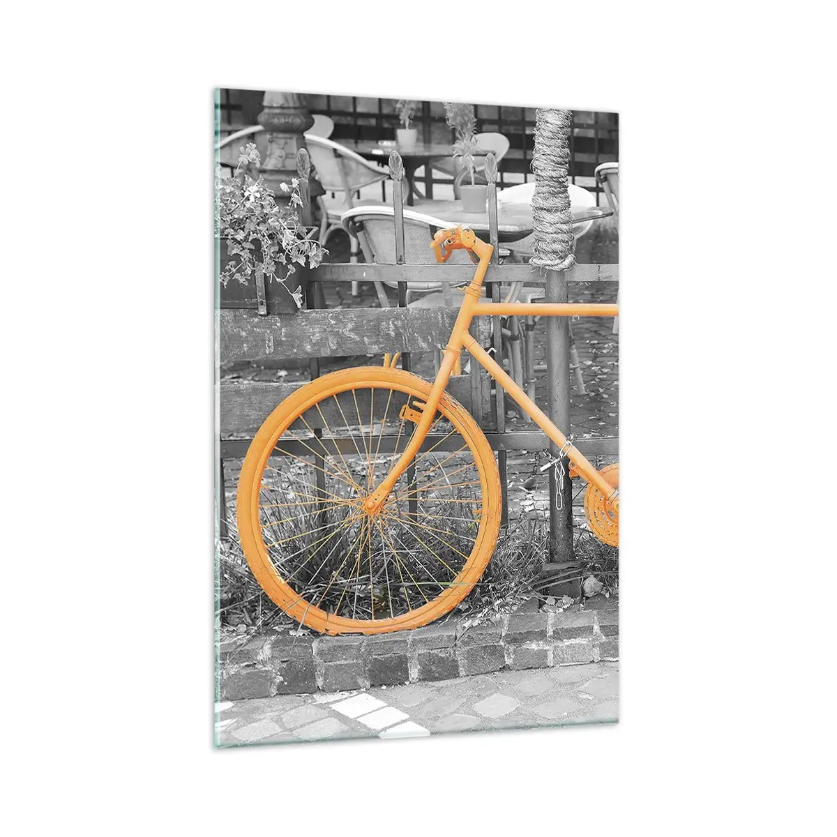 Impression sur verre - Image sur verre - Photographie artistique d'un vélo jaune sur fond noir et blanc - 80x120cm - Allez, je vais attendre ici - Décoration murale moderne pour le salon et la chambre ARTTOR