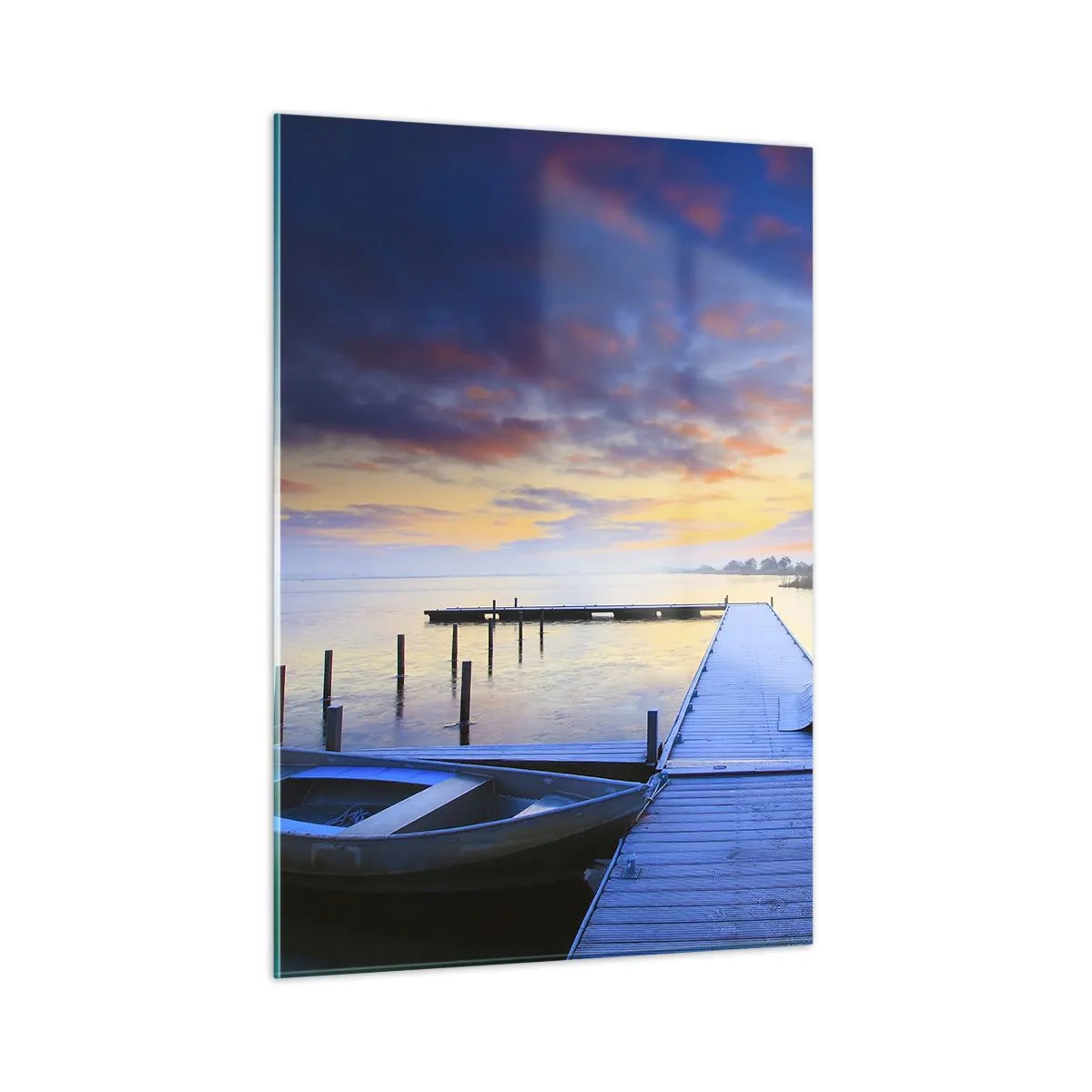 Impression sur verre - Image sur verre - Une jetée sur le lac à l'aube entourée d'une nature paisible - 50x70cm - Calme violet-doré - Décoration murale moderne pour le salon et la chambre ARTTOR