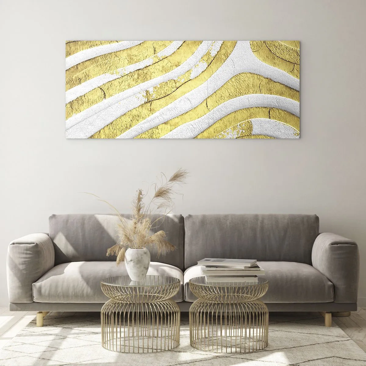 Impression sur verre - Image sur verre - Lignes abstraites dorées et blanches dans une texture 3D - 140x50cm - Composition en blanc et or - Décoration murale moderne pour le salon et la chambre ARTTOR