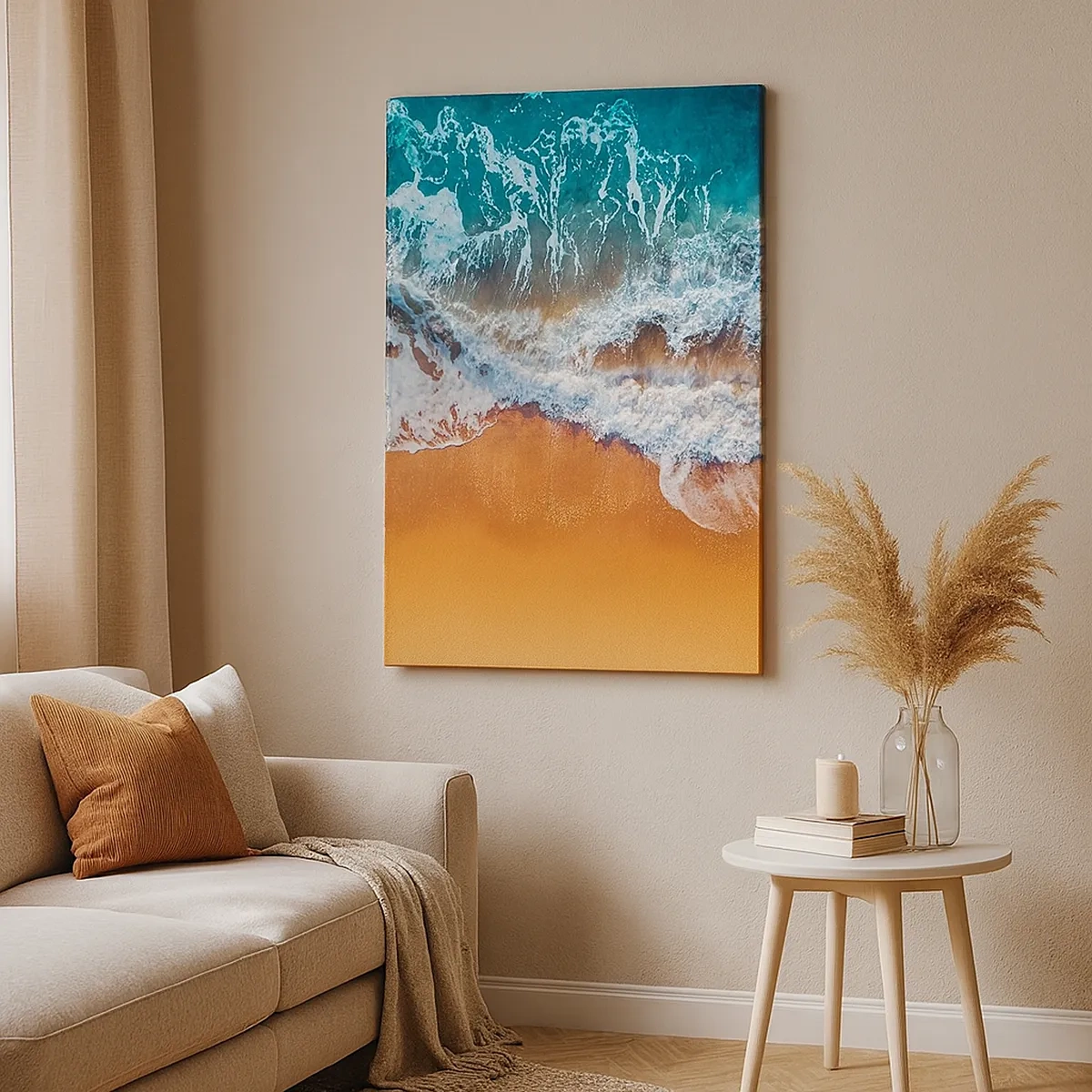 Impression sur toile - Image sur toile - Vue aérienne des vagues de l'océan s'écrasant sur le rivage - 50x70cm - Toujours ensemble - Décoration murale moderne pour le salon et la chambre ARTTOR