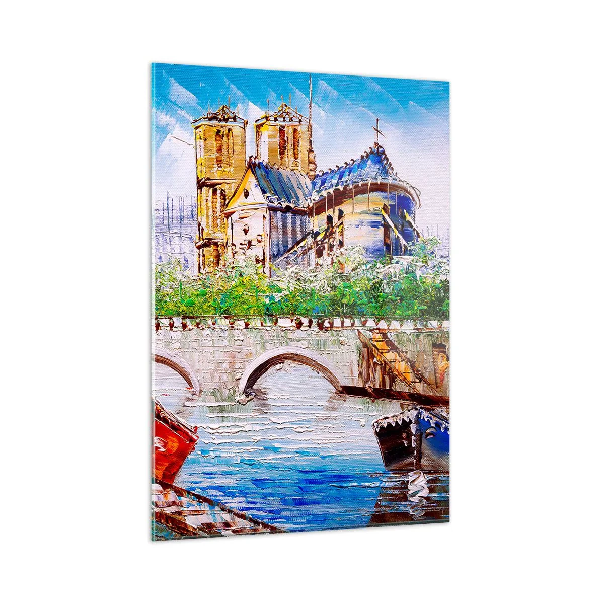 Impression sur verre - Image sur verre - Pont et bateaux sur fond de cathédrale historique - 50x70cm - Leur temps ne passe jamais - Décoration murale moderne pour le salon et la chambre ARTTOR