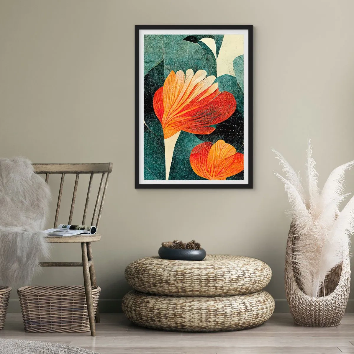 Affiche dans un cadre noir - Poster - Fleurs abstraites dans les tons orange et vert - 50x70cm - La chaleur des tropiques et la fraîcheur de la verdure - Décoration murale moderne pour le salon et la chambre ARTTOR