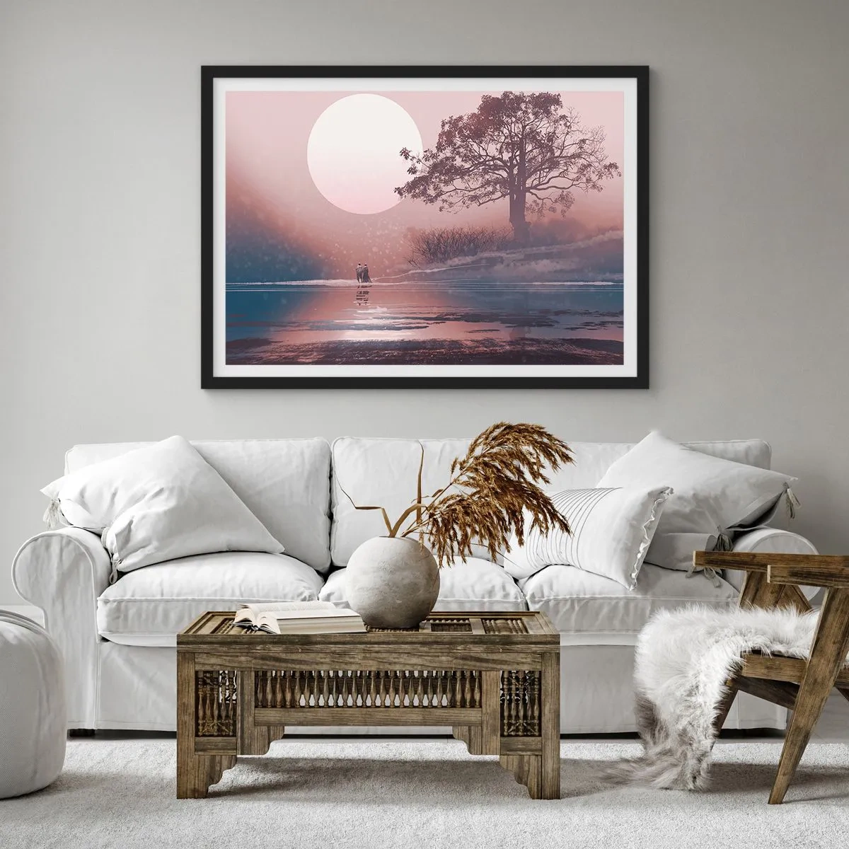 Affiche dans un cadre noir - Poster - Scène romantique avec la lune et un arbre au bord de l'eau - 100x70cm - Merveilles de la nuit - Décoration murale moderne pour le salon et la chambre ARTTOR