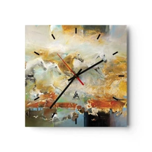 Horloge murale - Pendule murale - Des chevaux artistiques dans un cadre dynamique et coloré - 30x30cm - Au galop vers la lumière - Décoration murale moderne pour le salon et la chambre ARTTOR