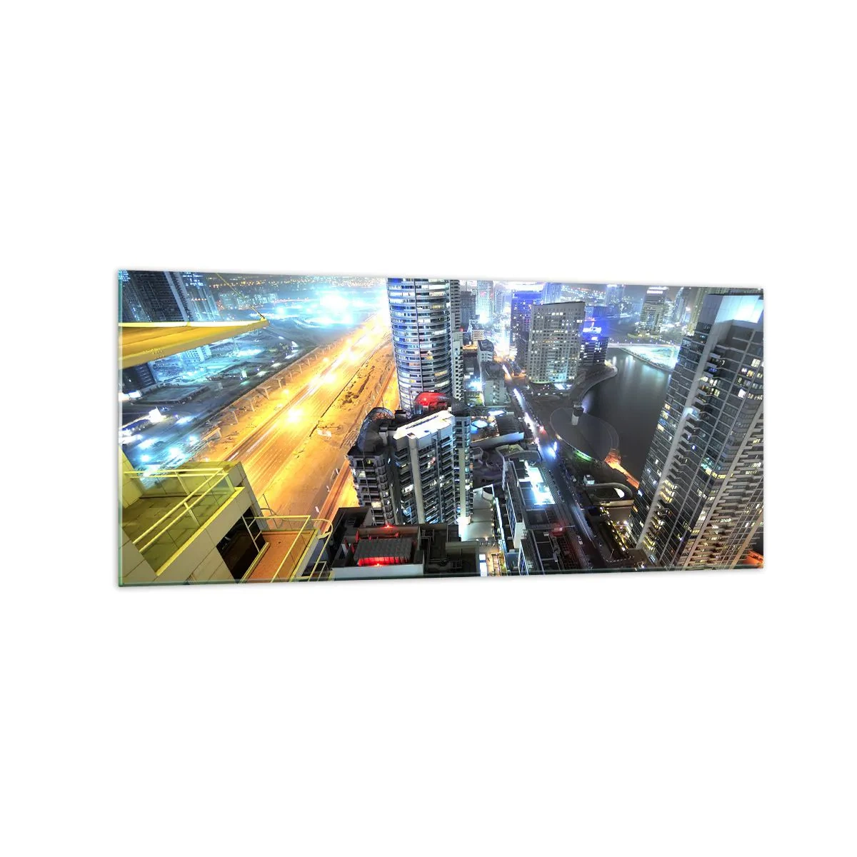 Impression sur verre - Image sur verre - Panorama de la ville nocturne avec des gratte-ciel illuminés - 120x50cm - Un miracle dans le désert - Décoration murale moderne pour le salon et la chambre ARTTOR