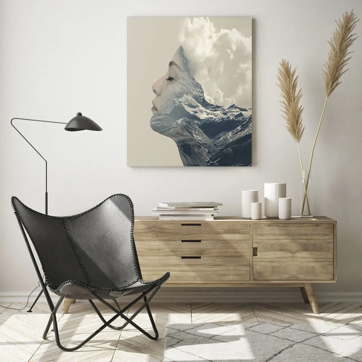 Impression sur verre - Image sur verre - Silhouette d'une femme avec un paysage de montagne en arrière-plan - 70x100cm - La beauté des éléments - Décoration murale moderne pour le salon et la chambre ARTTOR