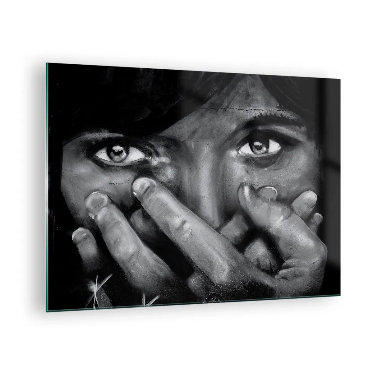Impression sur verre - Image sur verre - Un portrait en noir et blanc avec un regard émotionnel - 70x50cm - Je ne dirai pas qui a peint - Décoration murale moderne pour le salon et la chambre ARTTOR