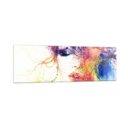 Impression sur verre - Image sur verre - Un portrait artistique d'une femme aux couleurs aquarelles expressives. - 160x50cm - Vertiges arc-en-ciel - Décoration murale moderne pour le salon et la chambre ARTTOR
