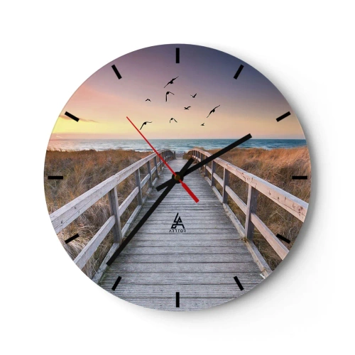 Horloge murale - Pendule murale - Passerelle en bois menant à la plage au coucher du soleil - 30x30cm - Envol des espaces - Décoration murale moderne pour le salon, la cuisine et la chambre ARTTOR
