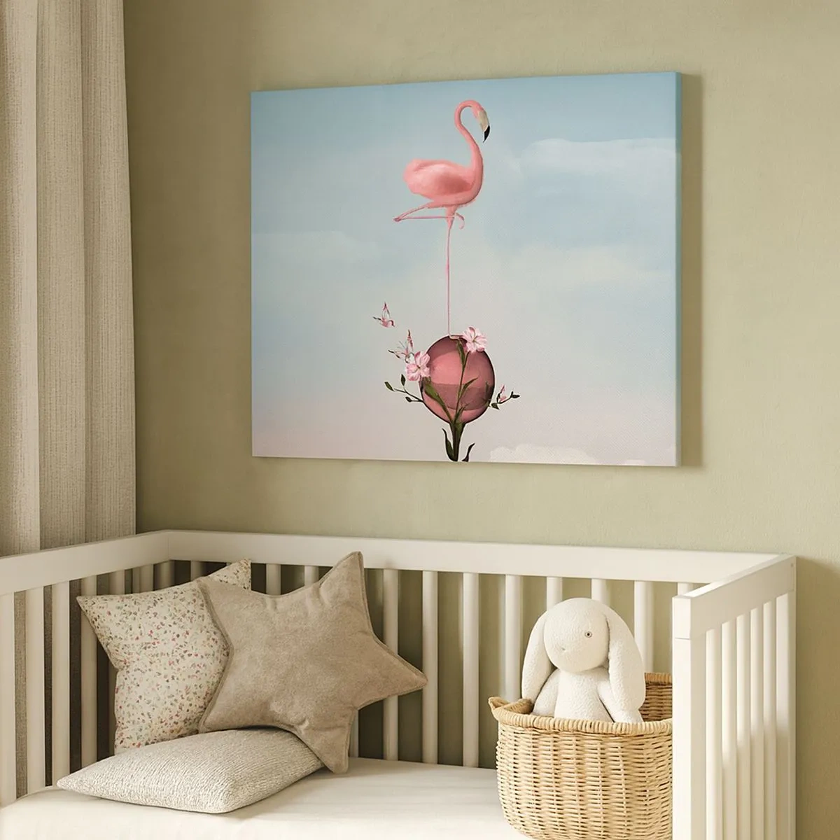 Impression sur toile - Image sur toile - Un flamant rose en équilibre sur une boule de fleurs - 70x50cm - Allégorie du basket-ball - Décoration murale moderne pour le salon et la chambre ARTTOR