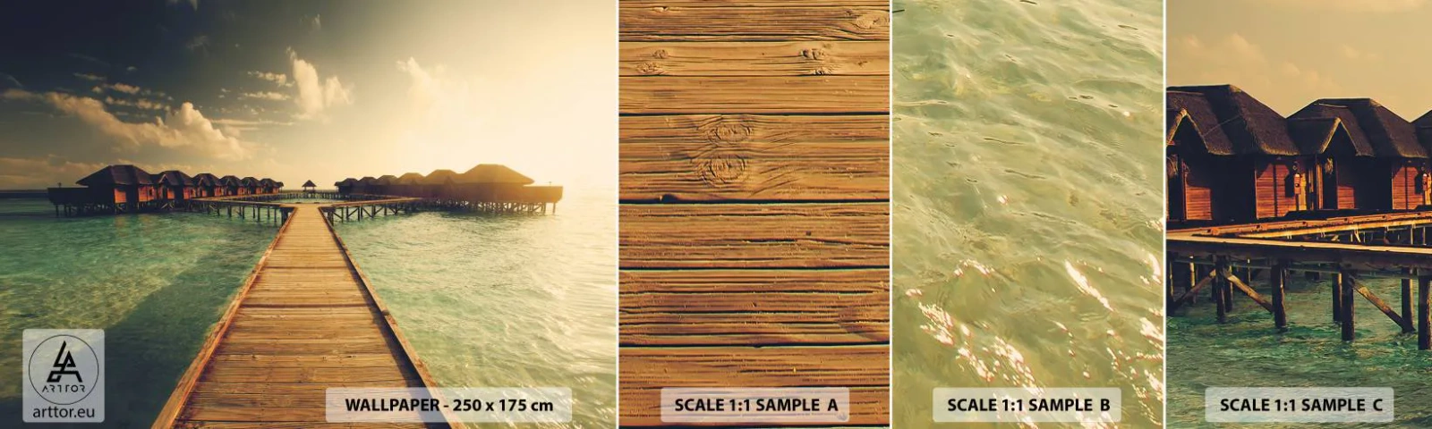 Échantillon de Papier Peint Autocollant Deluxe Sticker - Invitation chaleureuse - Maldives, Paysage, Maisons sur l'eau - 100x30 cm