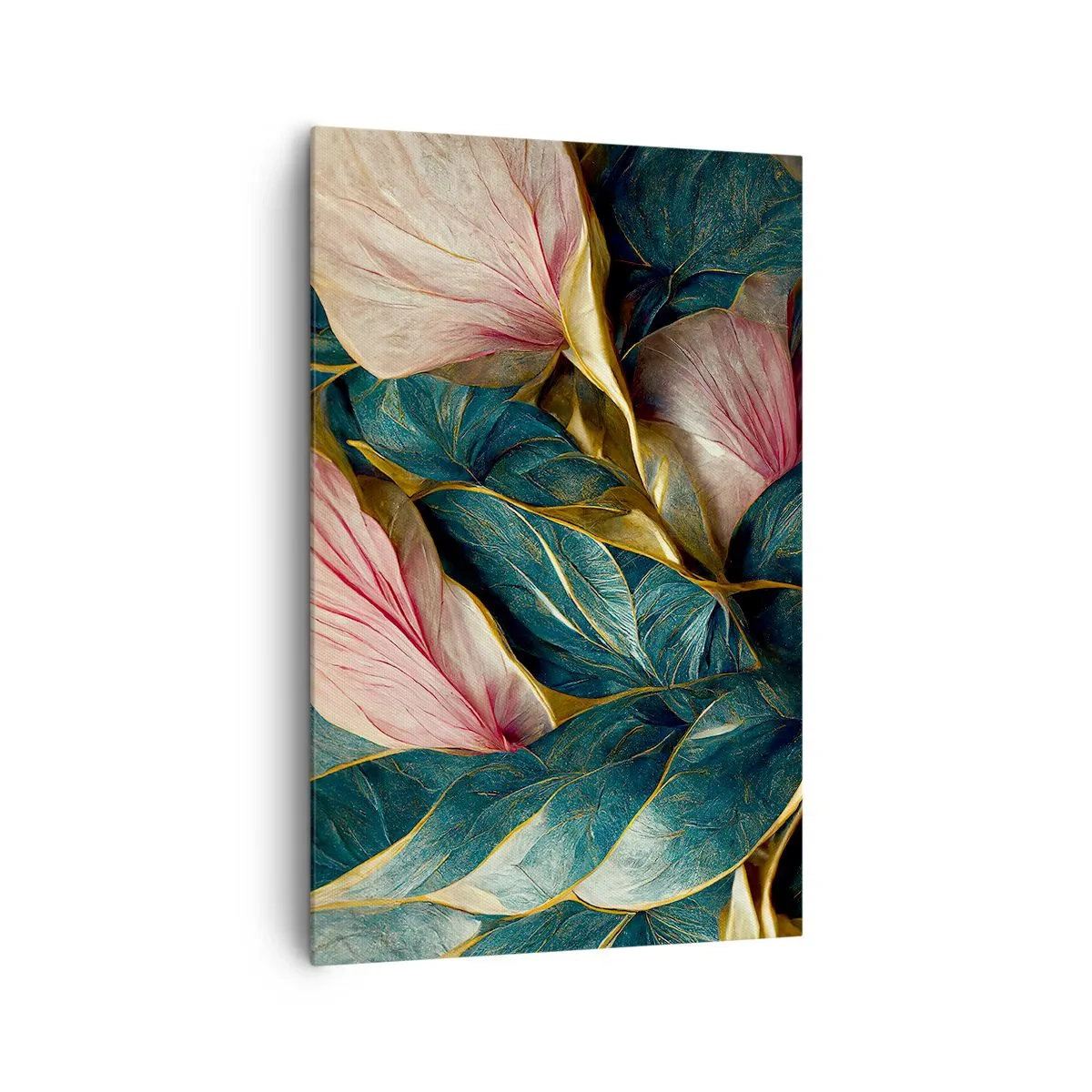 Impression sur toile - Image sur toile - Feuilles élégantes en vert, or et rose - 80x120cm - Élégance et style naturels - Décoration murale moderne pour le salon et la chambre ARTTOR