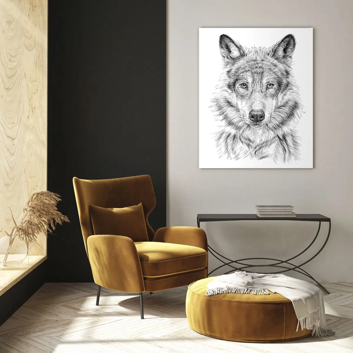 Impression sur verre - Image sur verre - Croquis noir et blanc d'une tête de loup sur fond blanc - 50x70cm - Un leader né - Décoration murale moderne pour le salon et la chambre ARTTOR