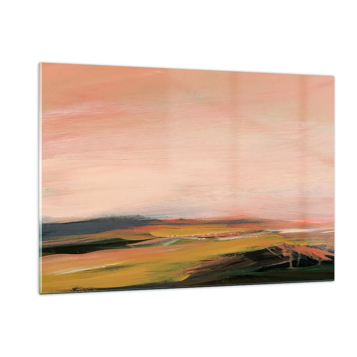 Impression sur verre - Image sur verre - Un paysage abstrait dans des tons de rose et de vert cassé. - 120x80cm - Dans les tons de roses - Décoration murale moderne pour le salon et la chambre ARTTOR