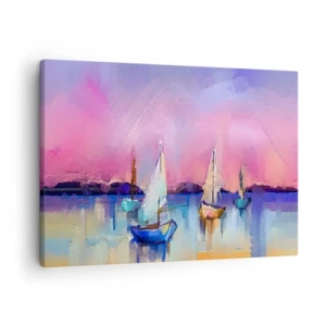 Impression sur toile - Image sur toile - Voiliers sur une mer calme aux couleurs pastel du coucher de soleil - 70x50cm - Direction: les eaux larges - Décoration murale moderne pour le salon et la chambre ARTTOR