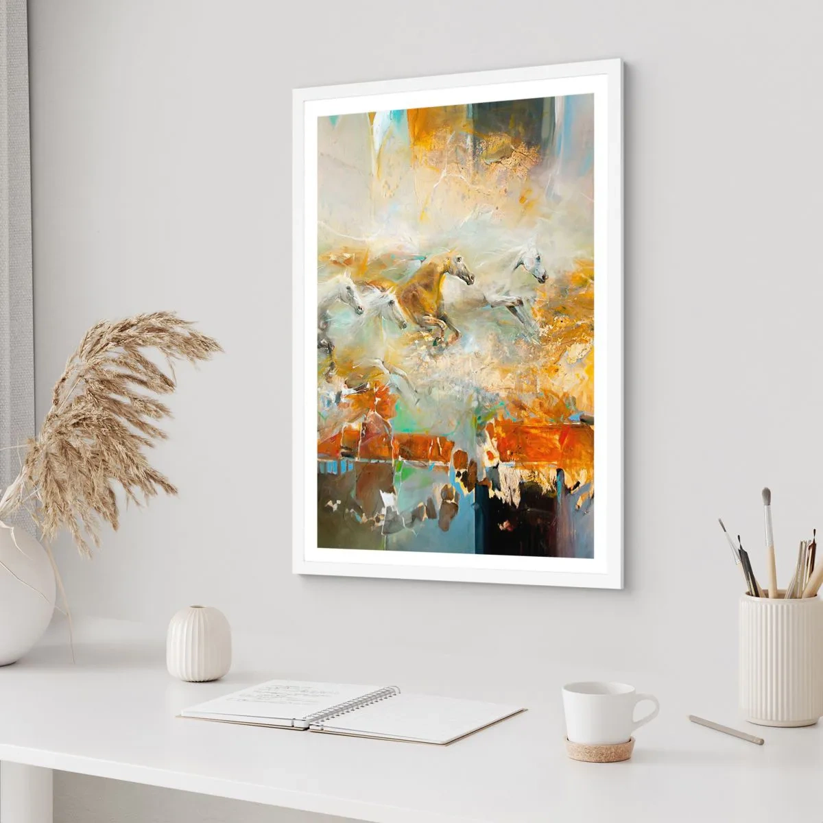 Affiche dans un cadre blanc - Poster - Au galop vers la lumière - 40x50 cm