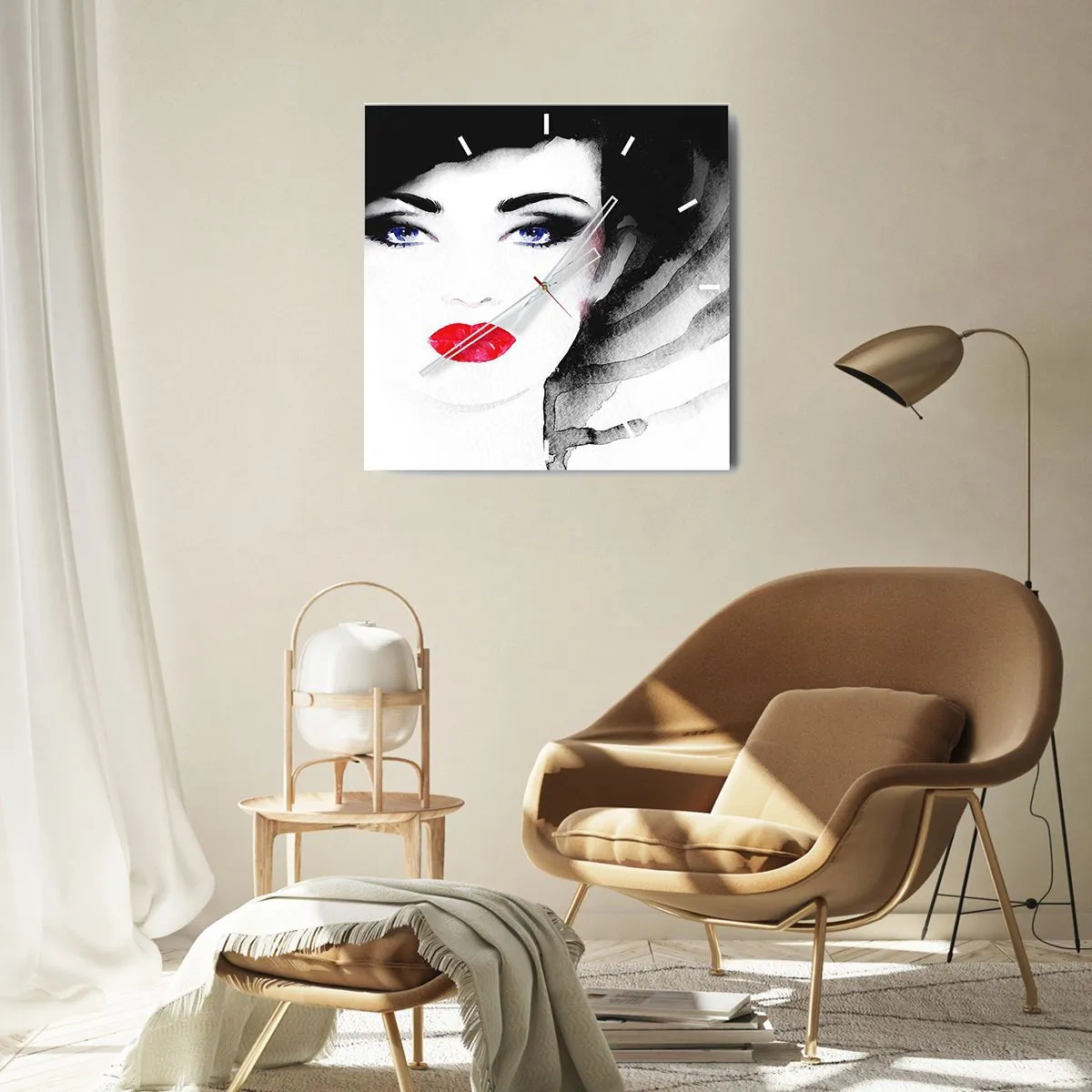 Horloge murale - Pendule murale - Portrait d'une femme aux lèvres rouges et aux yeux bleus intenses - 30x30cm - Elle repousse et attire - Décoration murale moderne pour le salon et la chambre ARTTOR