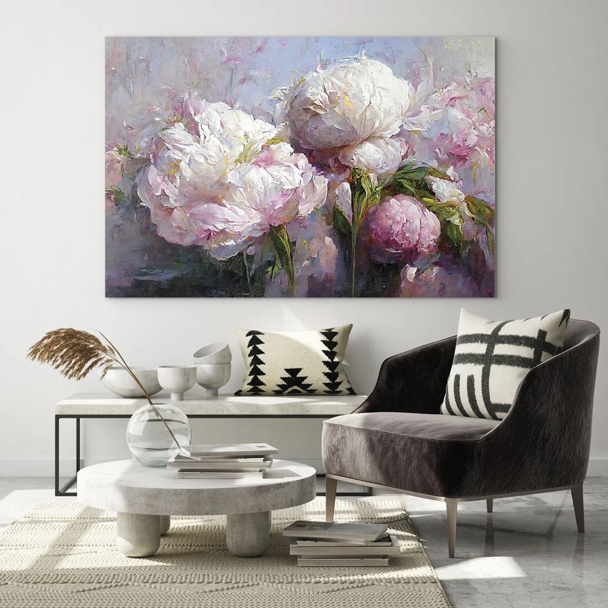Impression sur verre - Image sur verre - Peinture à l'huile de pivoines blanches et roses en fleurs - 100x70cm - Un bouquet plein de vie - Décoration murale moderne pour le salon et la chambre ARTTOR