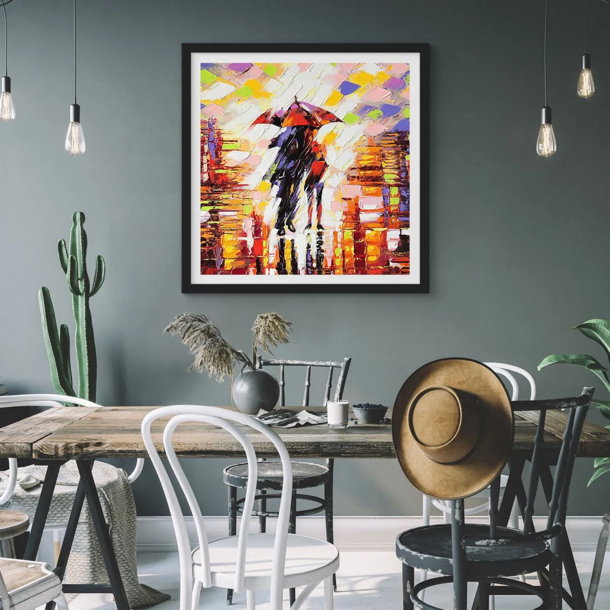 Affiche dans un cadre noir - Poster - Ensemble à travers la nuit et la pluie - 40x40 cm