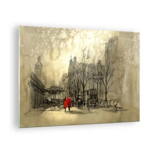 Impression sur verre - Image sur verre - Un rendez-vous dans le brouillard londonien avec un accent de manteau rouge - 70x50cm - Rendez-vous dans le brouillard de Londres - Décoration murale moderne pour le salon et la chambre ARTTOR