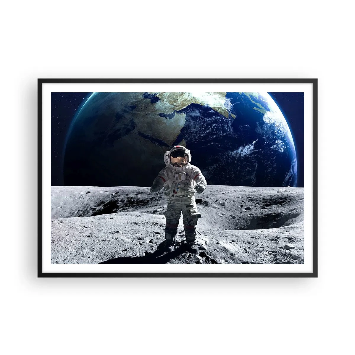 Affiche dans un cadre noir - Poster - Astronaute à la surface de la Lune avec la Terre en arrière-plan - 100x70cm - Salutations de la lune - Décoration murale moderne pour le salon et la chambre ARTTOR