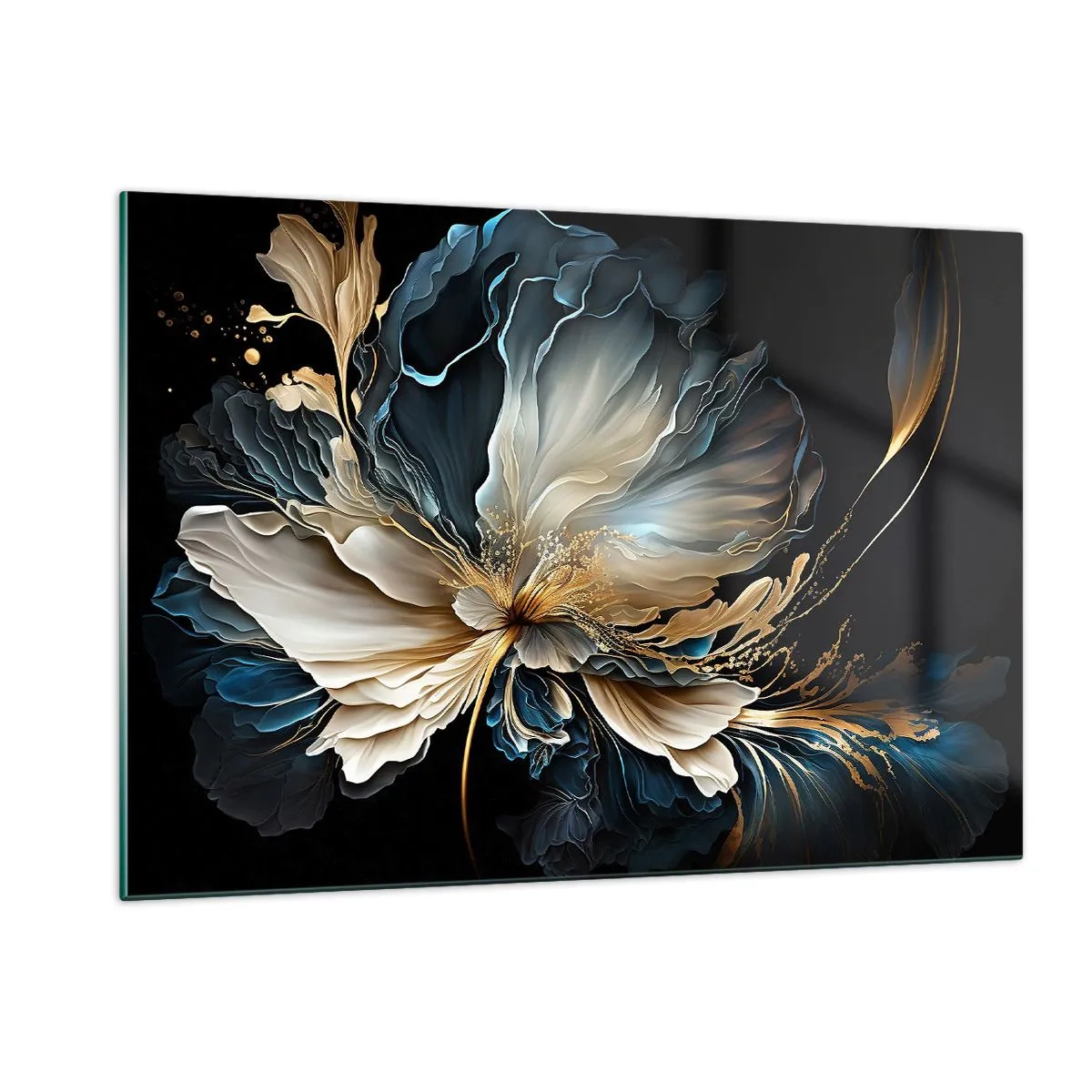 Impression sur verre - Image sur verre - Une fleur fantaisie dans des tons d'or, bleu marine et beige sur noir - 120x80cm - Fleur de fougère de conte de fées - Décoration murale moderne pour le salon et la chambre ARTTOR