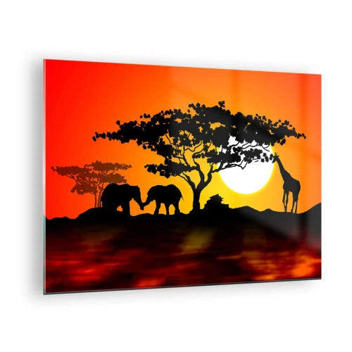 Impression sur verre - Image sur verre - Paysage africain avec arbres et animaux au coucher du soleil - 70x50cm - Rencontre dans la savane - Décoration murale moderne pour le salon et la chambre ARTTOR