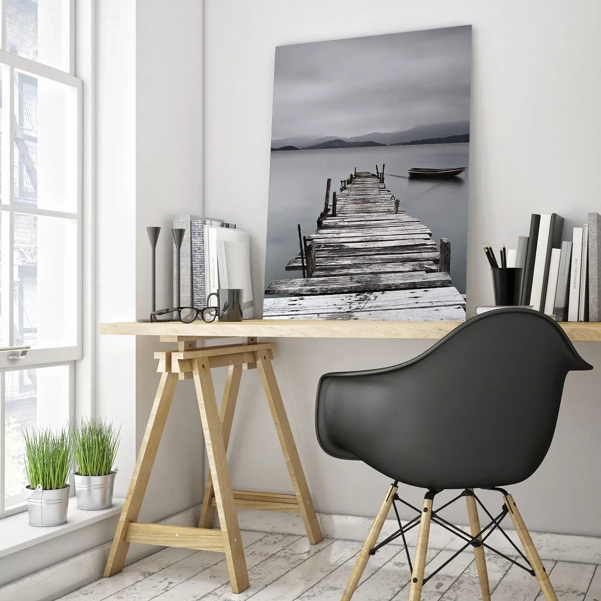 Impression sur verre - Image sur verre - Une jetée en bois sur un lac par temps brumeux - 50x70cm - Tu peux partir demain - Décoration murale moderne pour le salon et la chambre ARTTOR