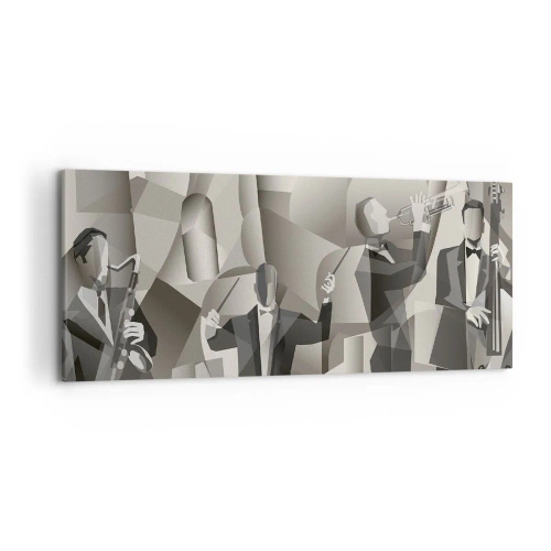 Impression sur toile - Image sur toile - Scène abstraite avec des musiciens de jazz dans des tons de gris. - 120x50cm - Dans l'espace des sons - Décoration murale moderne pour le salon et la chambre ARTTOR