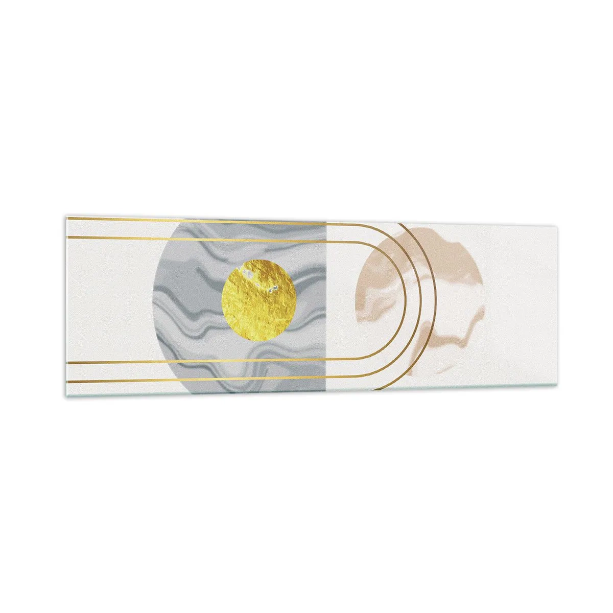 Impression sur verre - Image sur verre - Composition abstraite avec des cercles et des lignes dorées sur fond clair. - 160x50cm - Clareté et brillance - Décoration murale moderne pour le salon et la chambre ARTTOR