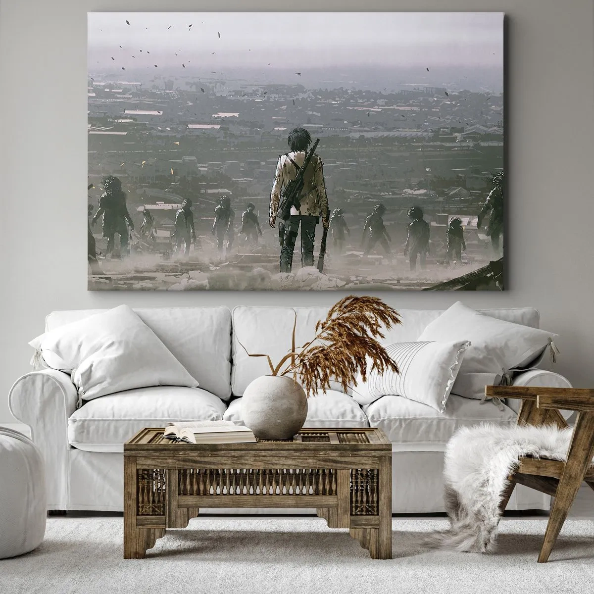 Impression sur toile - Image sur toile - Une silhouette avec une arme se tient devant un groupe dans un paysage dystopique. - 120x80cm - Dernier samaritain ? - Décoration murale moderne pour le salon et la chambre ARTTOR