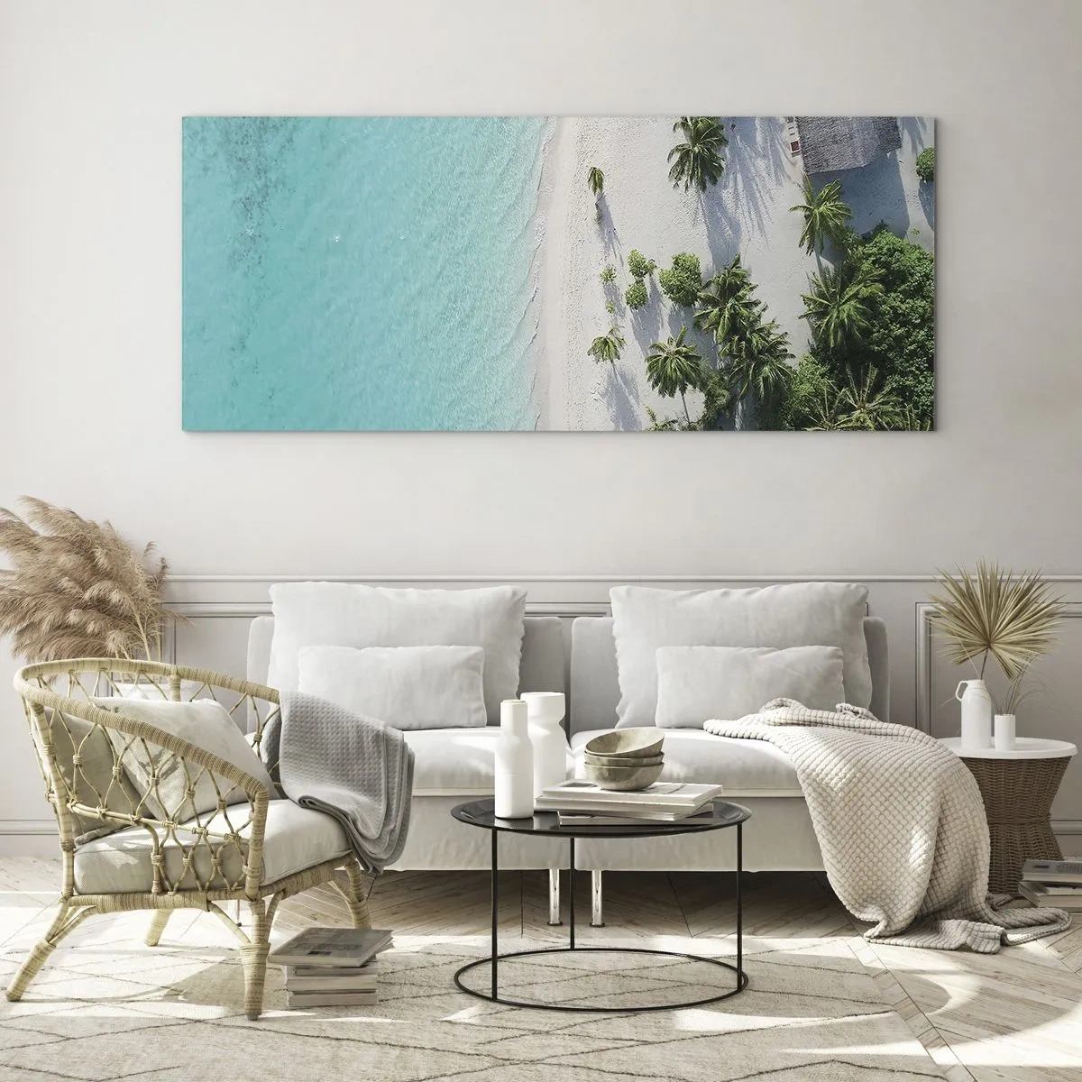 Impression sur verre - Image sur verre - Vue plongeante sur une plage tropicale avec de l'eau turquoise et des palmiers - 120x50cm - Vacances au paradis - Décoration murale moderne pour le salon et la chambre ARTTOR