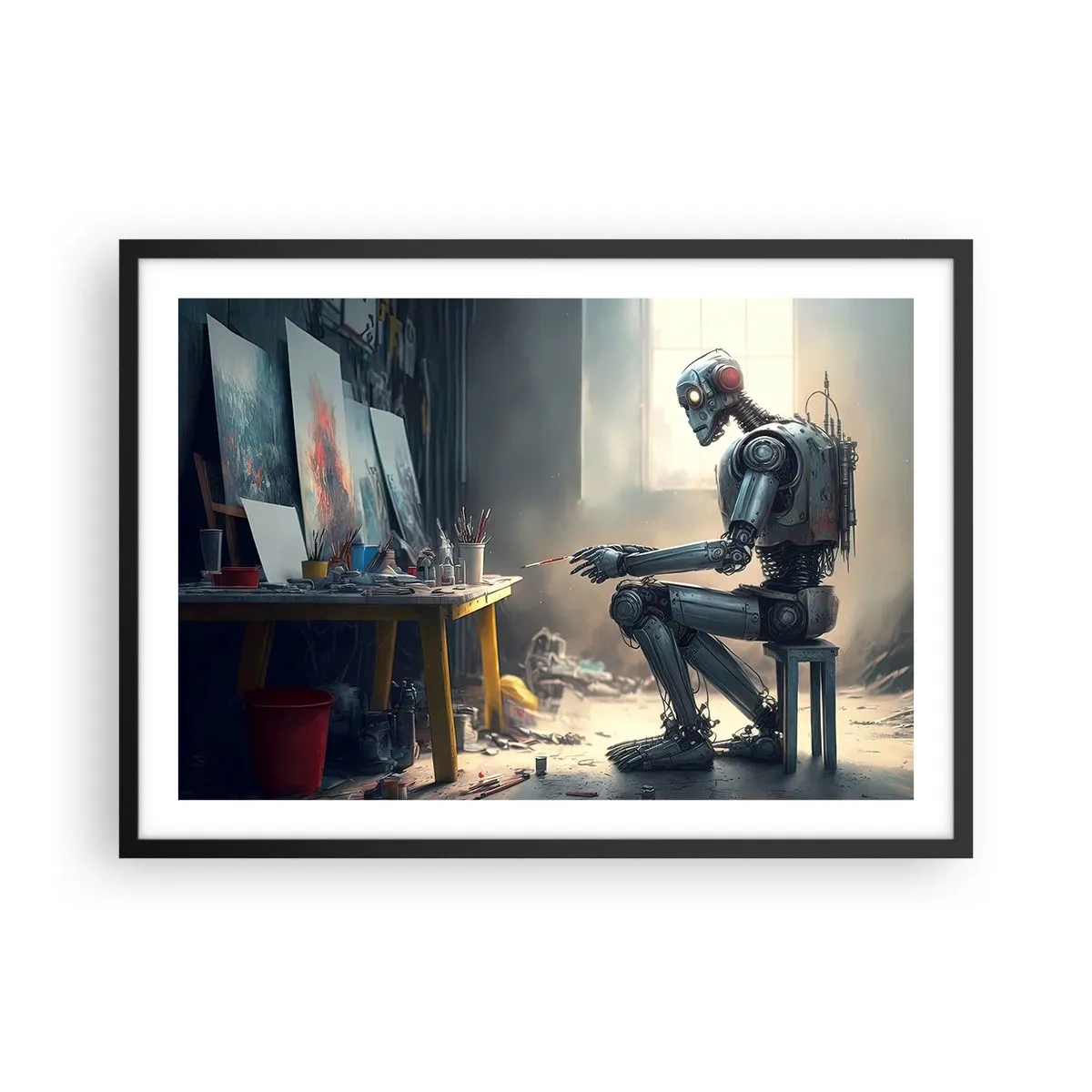 Affiche dans un cadre noir - Poster - Un robot peignant un tableau dans un atelier d'art - 70x50cm - L'acte de création - Décoration murale moderne pour le salon et la chambre ARTTOR