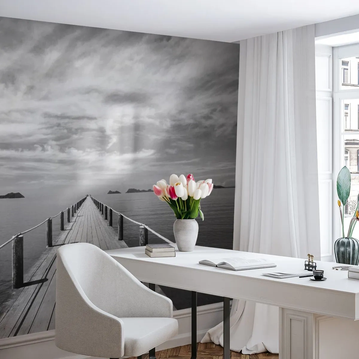 Papier Peint Photo Standard Eco - Une jetée en bois menant au loin sur une mer calme - 100x70cm - Et peut-être un voyage... - Décoration murale moderne pour le salon et la chambre ARTTOR